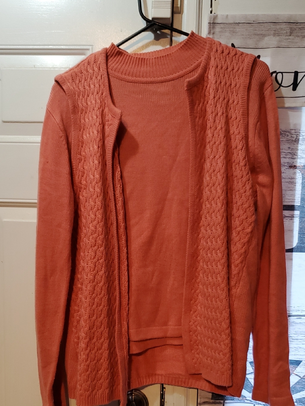 Open-Front Cable Knit Cardigan Sweater in Coral